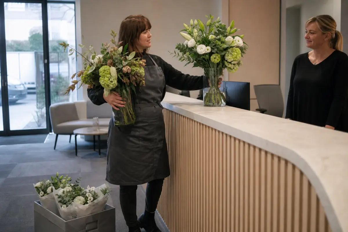 Florist changing a fresh arrangement into a glass vase on a British office reception counter early in the morning with a delivery crate on the floor
