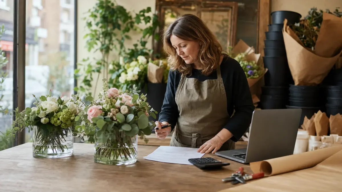 Florist at a workbench in a UK flower shop working out a price for two corporate reception arrangements beside a quote sheet and calculator
