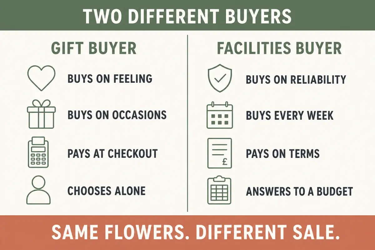 Diagram comparing a gift buyer who buys on feeling and pays at the till with a facilities buyer who buys on reliability and pays on terms
