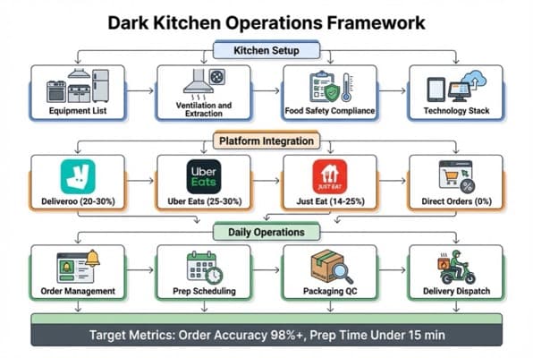 Diagram showing how one dark kitchen operates three virtual brands with shared kitchen resources, separate menus, and individual platform listings