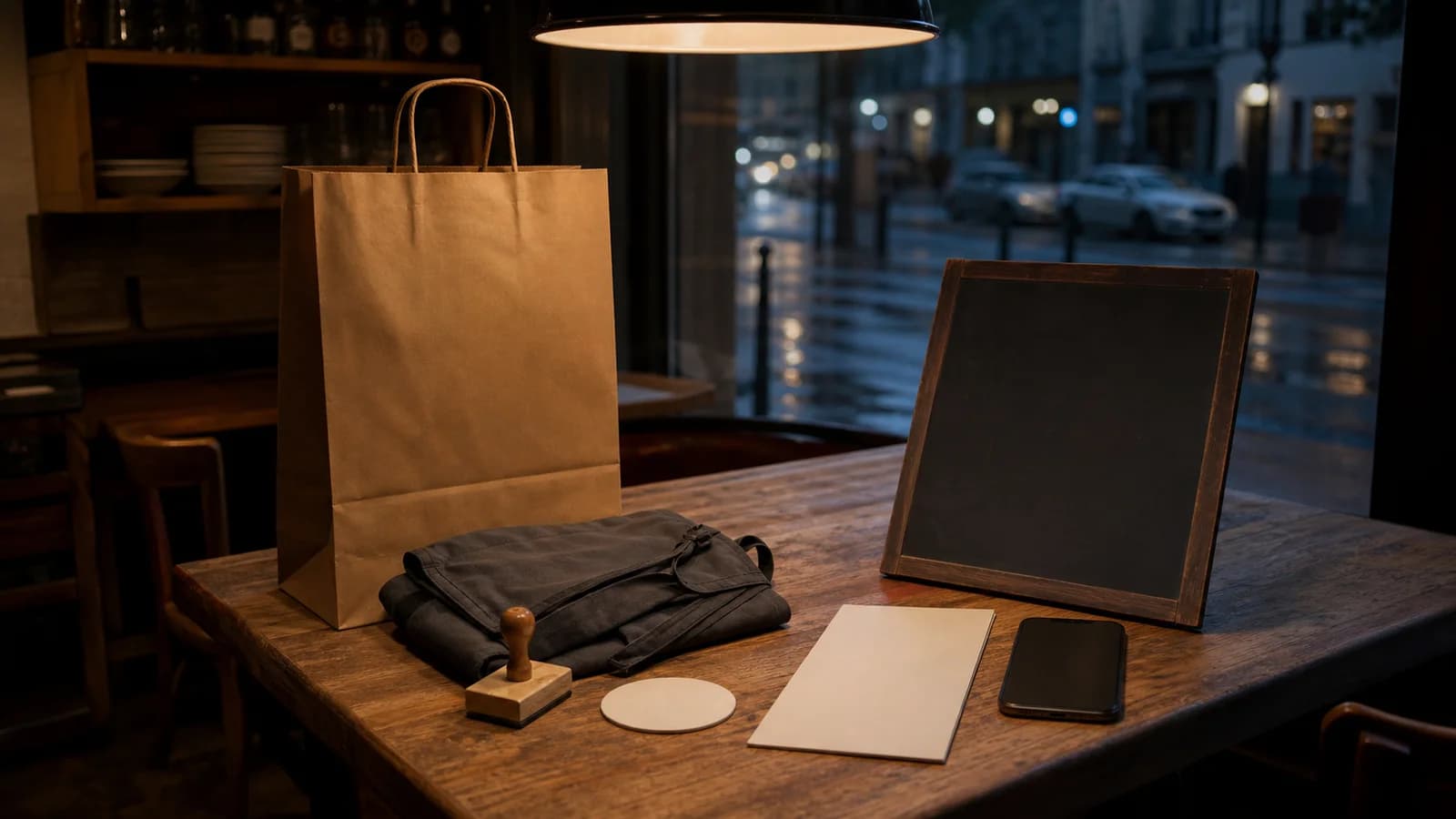 Blank restaurant logo surfaces: takeaway bag, apron, menu card, stamp and chalkboard