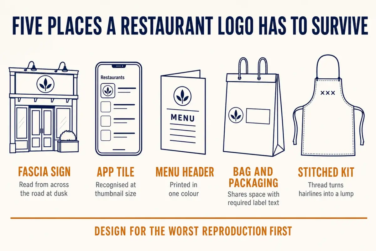Diagram of five places a restaurant logo appears, from fascia sign to phone app tile