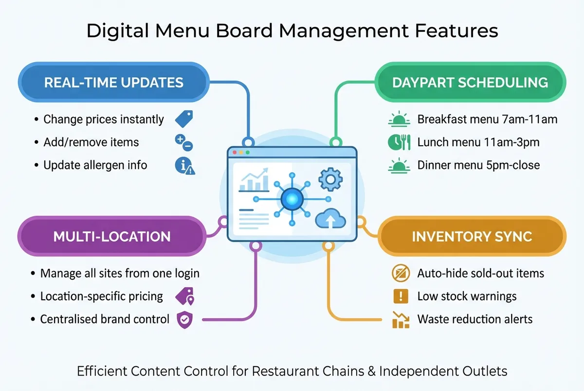 Content management system showing menu board controls and scheduling options