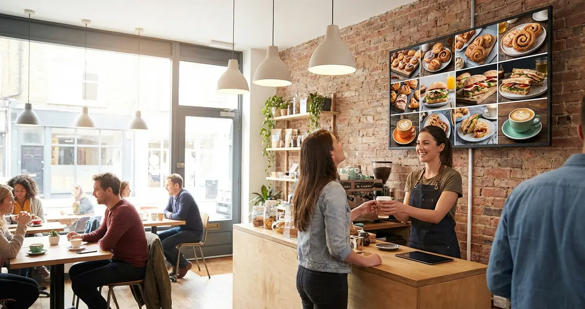 Digital menu boards showing vibrant food images in a modern restaurant setting