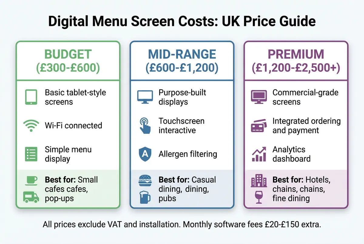 Comparison diagram showing digital menu screen costs at different price points for UK restaurants