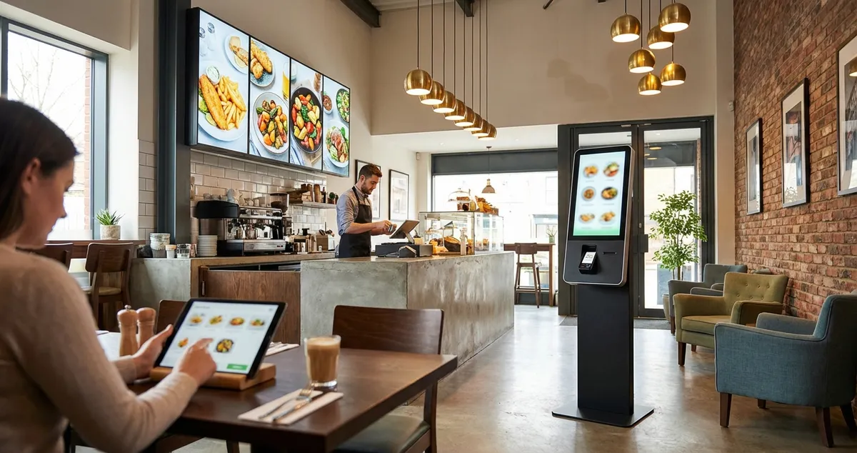 A modern UK restaurant interior showing digital menu technology including a digital menu board display and tablet ordering system