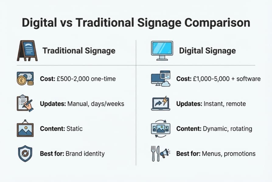 Diagram showing digital signage setup for restaurants including screen, media player, WiFi router, and cloud software connections