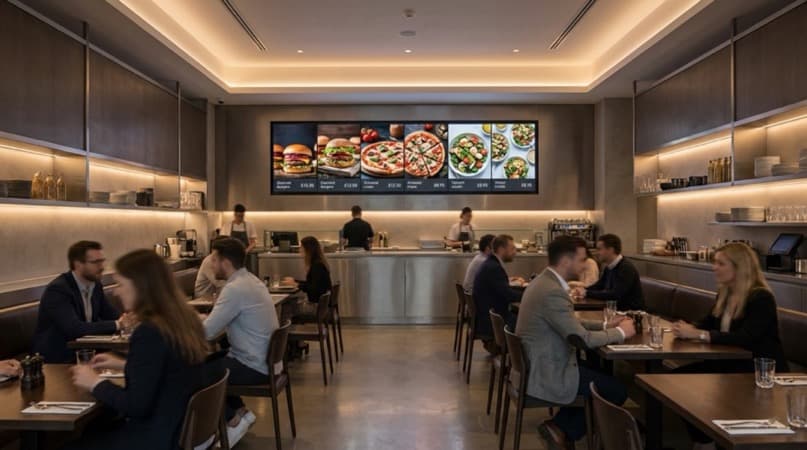 Digital menu boards and signage screens inside a modern UK restaurant