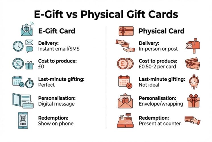 E-gift card restaurant redemption flow diagram showing purchase, delivery and payment steps