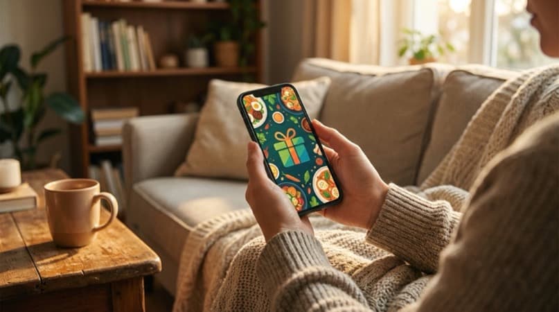 Restaurant e-gift card displayed on a smartphone at a UK checkout counter