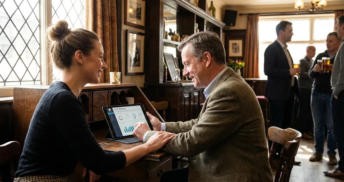 Email marketing for restaurants showing owner reviewing campaign analytics on tablet