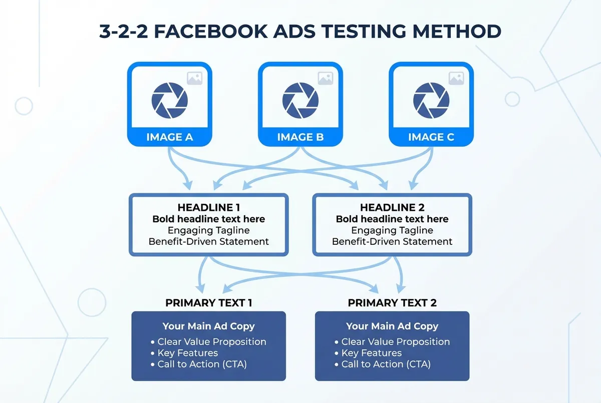 Diagram showing the 3-2-2 method: 3 creatives, 2 headlines, 2 text variations