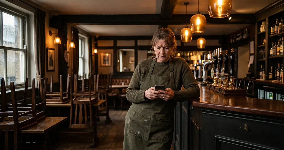 Restaurant owner checking online reviews on tablet with concern