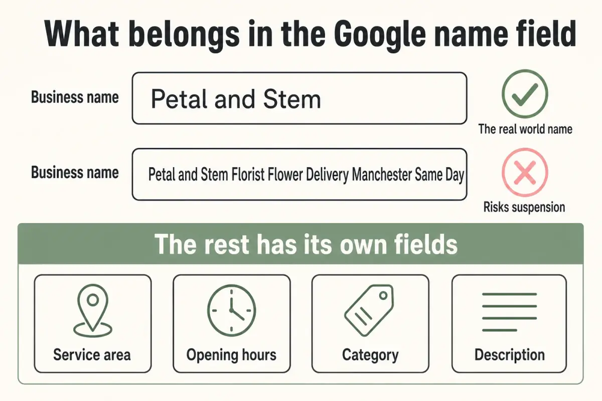 Diagram of a Google Business Profile name field showing a plain shop name accepted and a keyword stuffed version rejected, with delivery area, opening hours and category shown in their own fields
