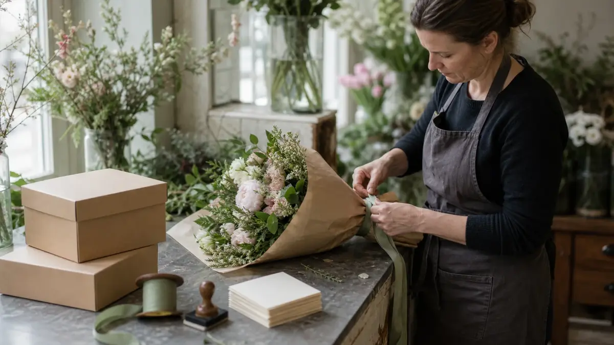 Florist branding: a florist wraps a hand tied bouquet in kraft paper and sage ribbon at a workbench, beside blank care cards and kraft delivery boxes waiting to go out