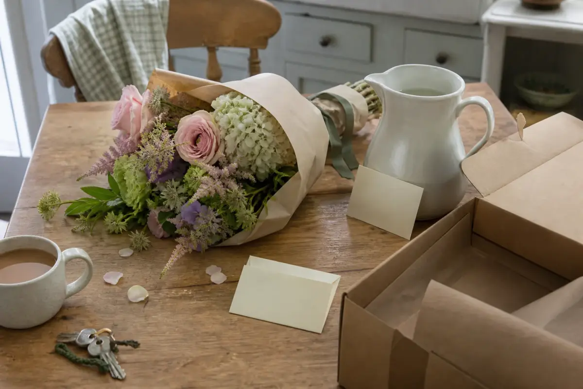 A half unwrapped bouquet in kraft paper and sage ribbon on a British kitchen table beside a jug, a blank care card and an open delivery box, seen as the recipient sees it