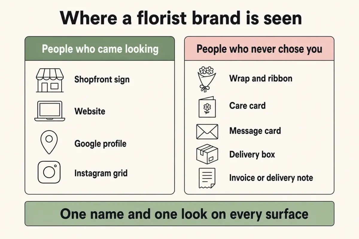 Florist branding diagram: brand surfaces split into people who came looking (shopfront sign, website, Google profile, Instagram grid) and people who never chose you (wrap, care card, message card, delivery box)