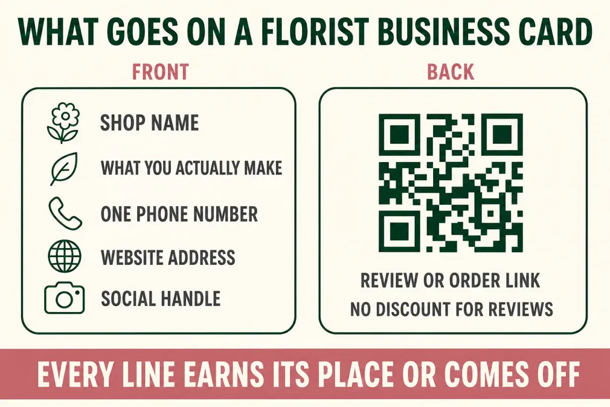 Diagram of a florist business card showing the front carrying shop name, what you make, one phone number, website and social handle, and the back carrying a single scannable link