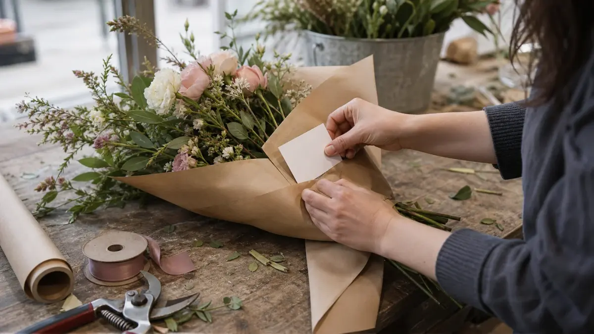 Florist business cards: a florist tucks a small blank printed card into the kraft paper wrap of a finished hand tied bouquet on a workbench in a British high street shop