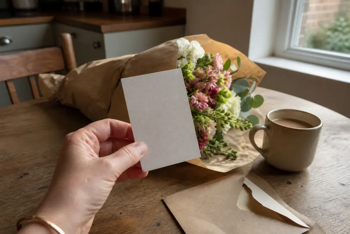 A woman at a kitchen table turns over a small plain card taken from a delivered bouquet still half wrapped in kraft paper