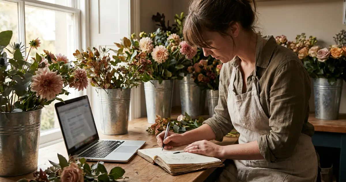 Florist business plan: a new florist sketching a simple business plan in a notebook at the bench beside buckets of flowers