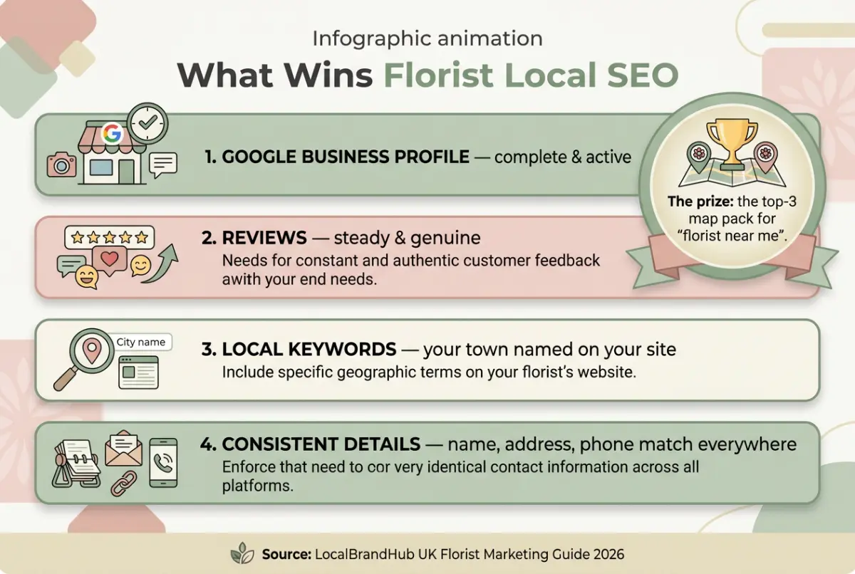 Florist local SEO diagram — the main local ranking factors from Google Business Profile and reviews through local keywords and consistent business details