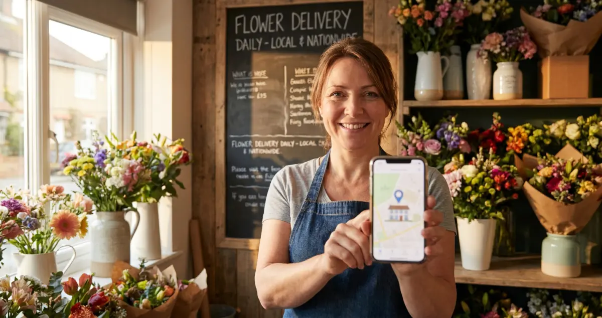 Florist local SEO — a florist updating their Google Business Profile on a phone showing a map pin over their shop, bouquets in the background