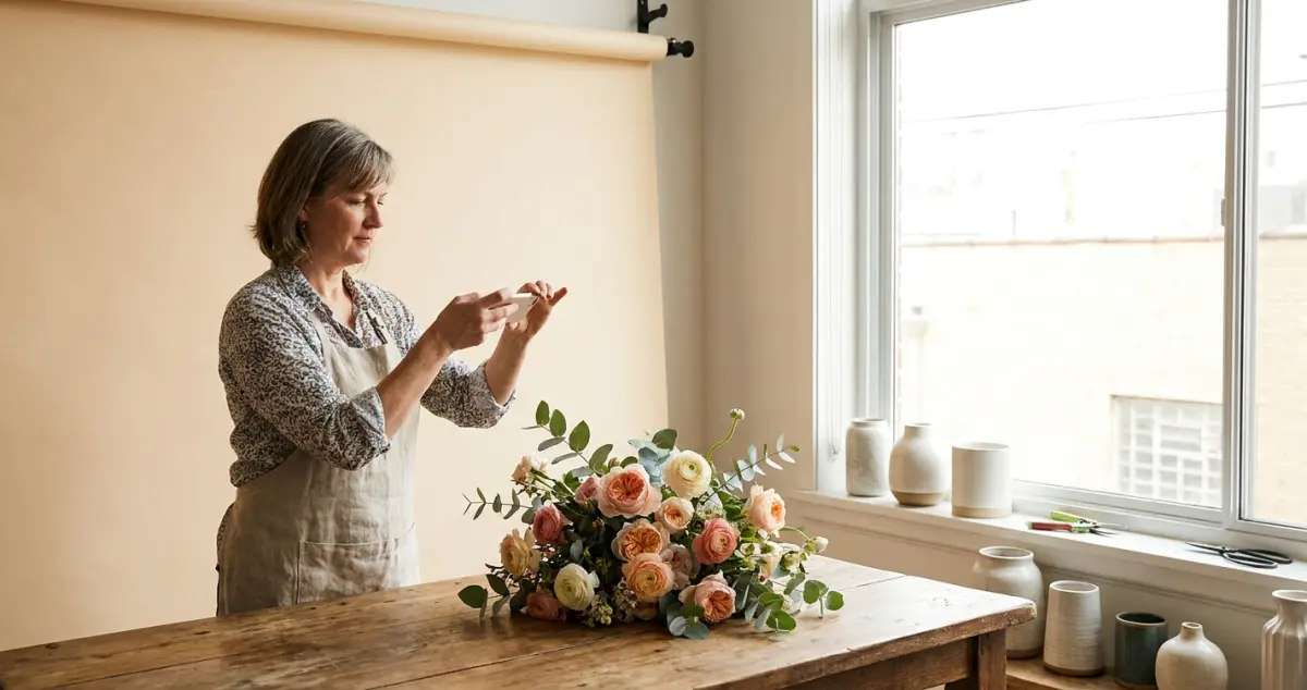 Florist photography tips — a florist photographing a bouquet on a phone by a bright window against a clean pale background