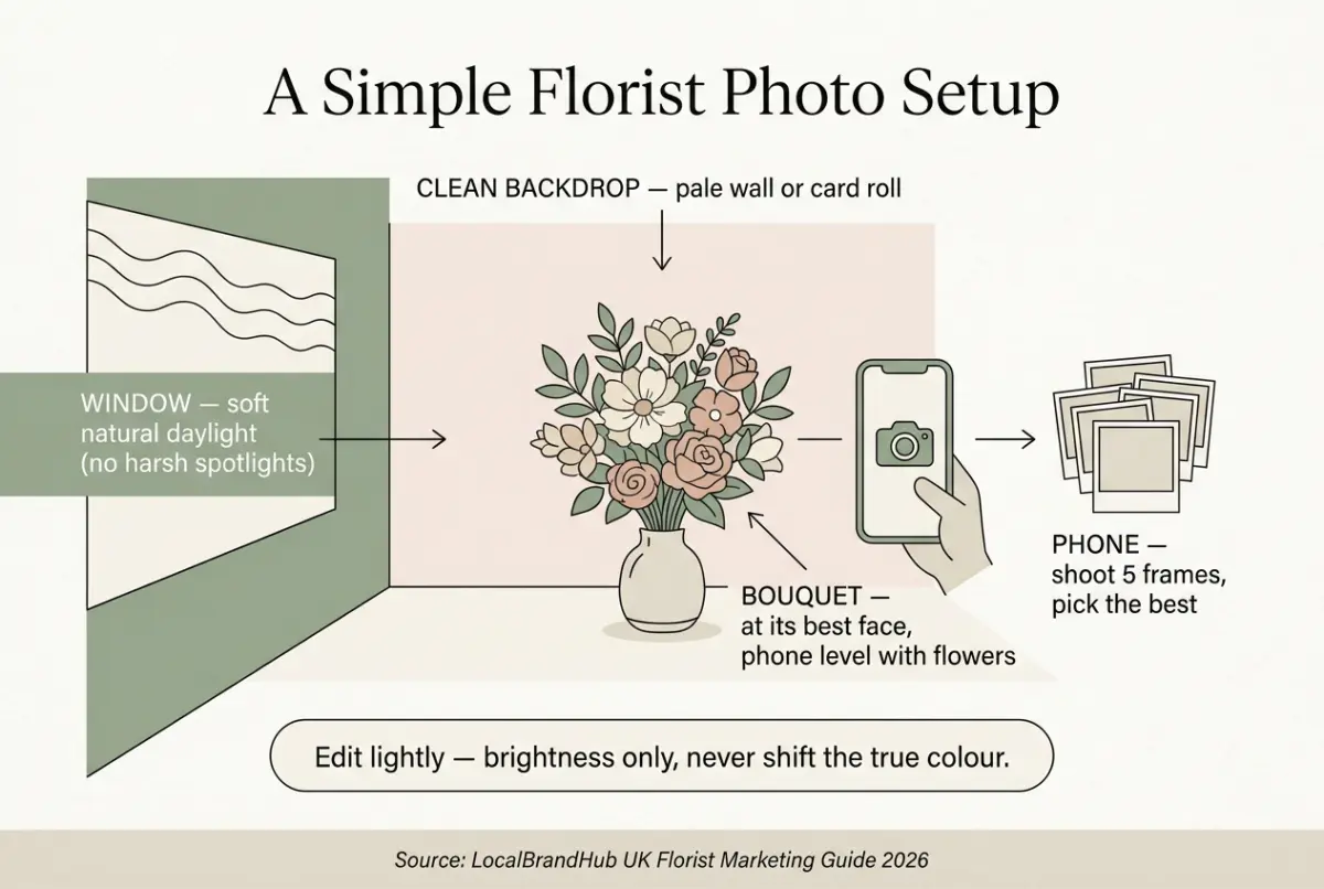 Florist photography tips diagram — a simple shooting setup showing window light, a clean backdrop, the bouquet position and phone angle
