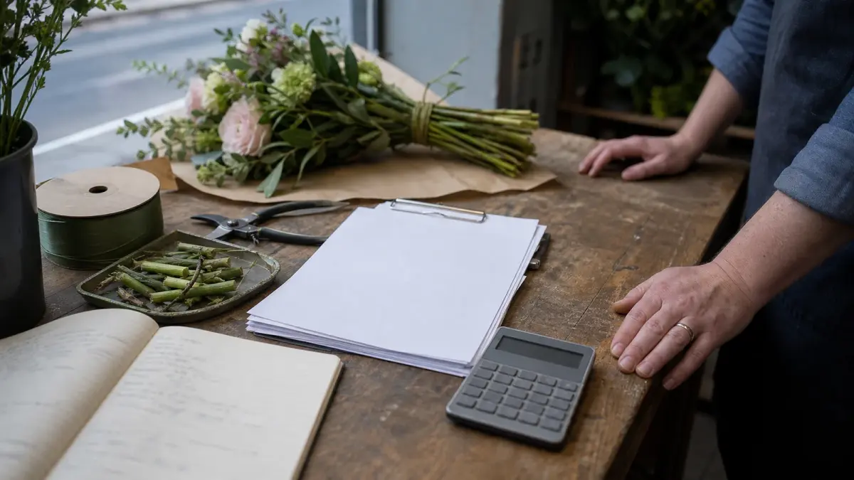 A florist pricing formula worked out on the bench, with a part finished hand tied bouquet, a calculator and a stack of wholesale delivery notes in a UK flower shop