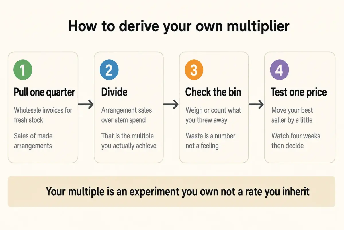 Four step process diagram showing how a florist derives a pricing multiplier from a quarter of their own invoices, sales, waste and one price test