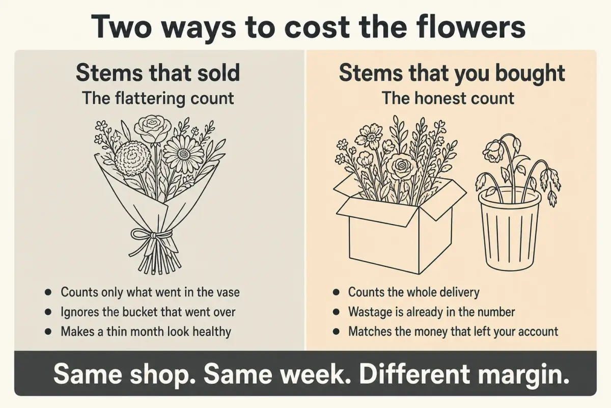 Comparison diagram contrasting a florist week costed on the stems that sold against the same week costed on the whole delivery that was bought