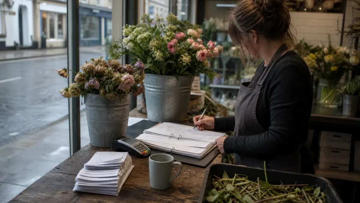 Florist profit margins being reviewed at a UK flower shop counter, with wholesale delivery notes, a card machine and a bucket of spent stems beside a bucket of fresh ones