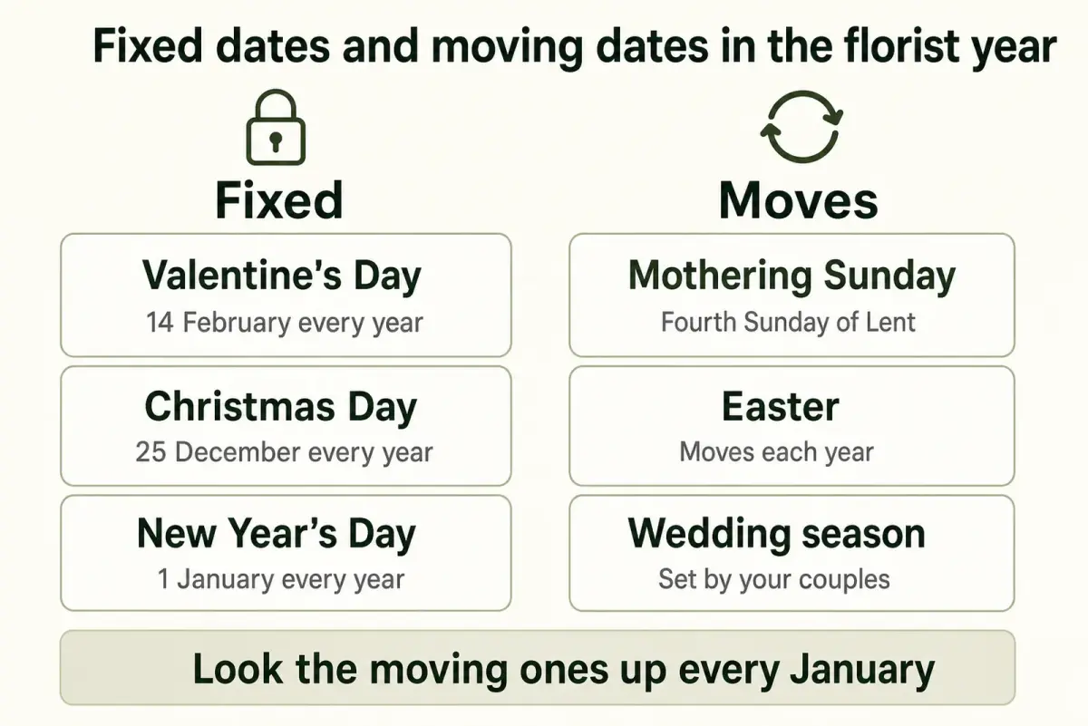 Florist seasonal marketing diagram splitting the year into fixed dates such as Valentine's Day and moving dates such as Mothering Sunday