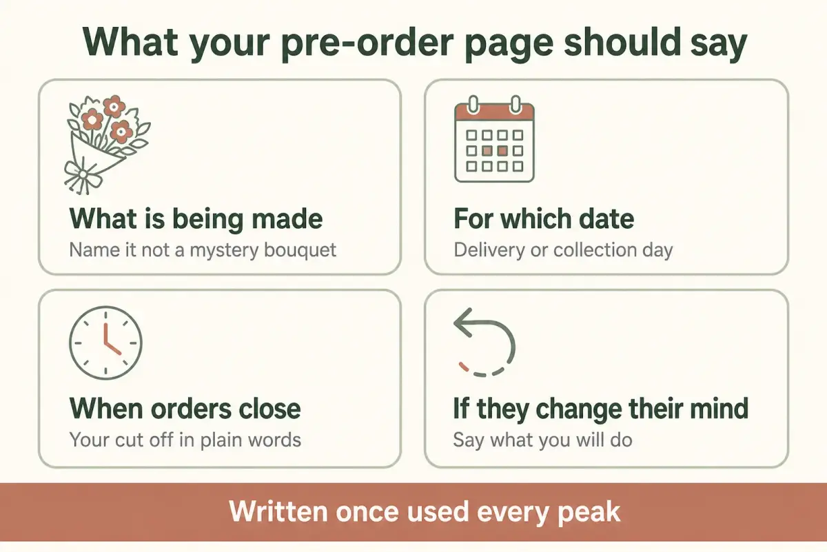 Florist seasonal marketing diagram of a flower pre-order page listing what is being made, the date it is for, when orders close and what happens on a cancellation