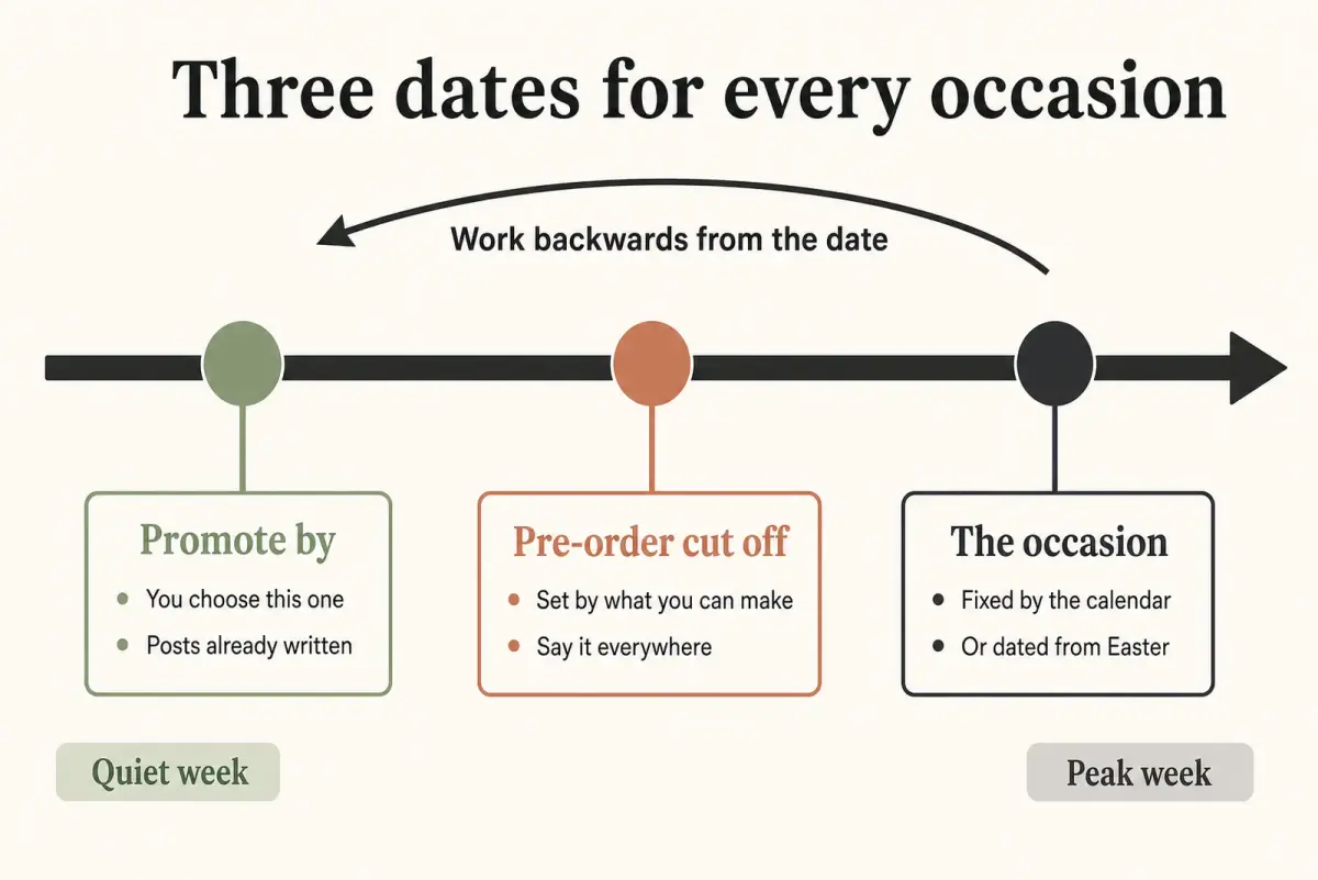Florist seasonal marketing timeline diagram marking the promote by date, the pre-order cut off and the occasion, worked backwards
