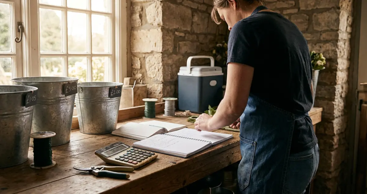 Florist startup costs: a florist pricing up essential kit and stock with a notebook and calculator at the bench