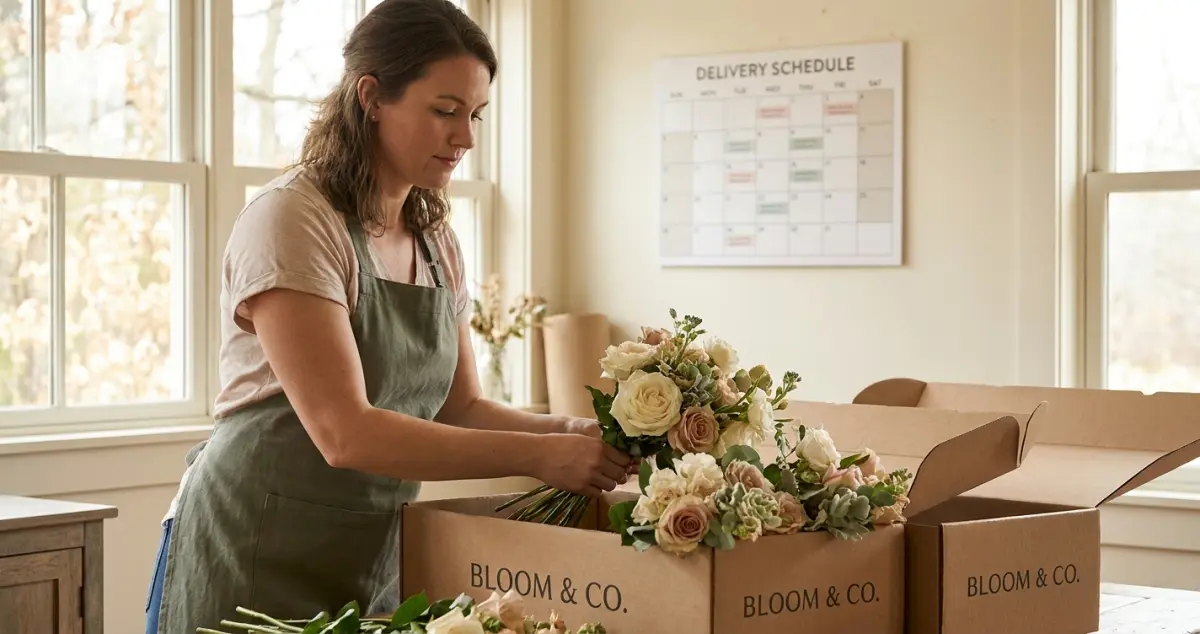 Flower subscription business: a florist packing branded subscription flower boxes for regular home delivery, a delivery schedule on the wall