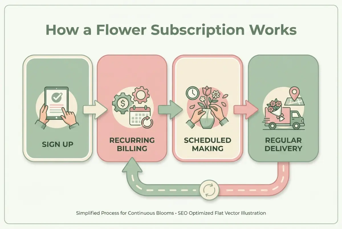 Flower subscription business diagram: the model from sign-up and recurring billing to scheduled making and regular delivery