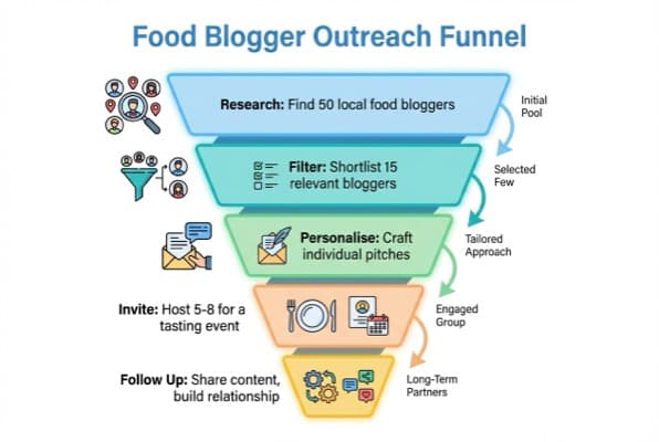 Diagram of the 50-15-8 food blogger outreach funnel from initial research to confirmed visits