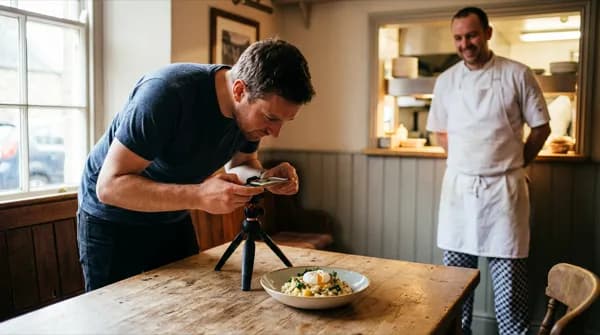 UK food blogger photographing dishes at a restaurant table with natural lighting