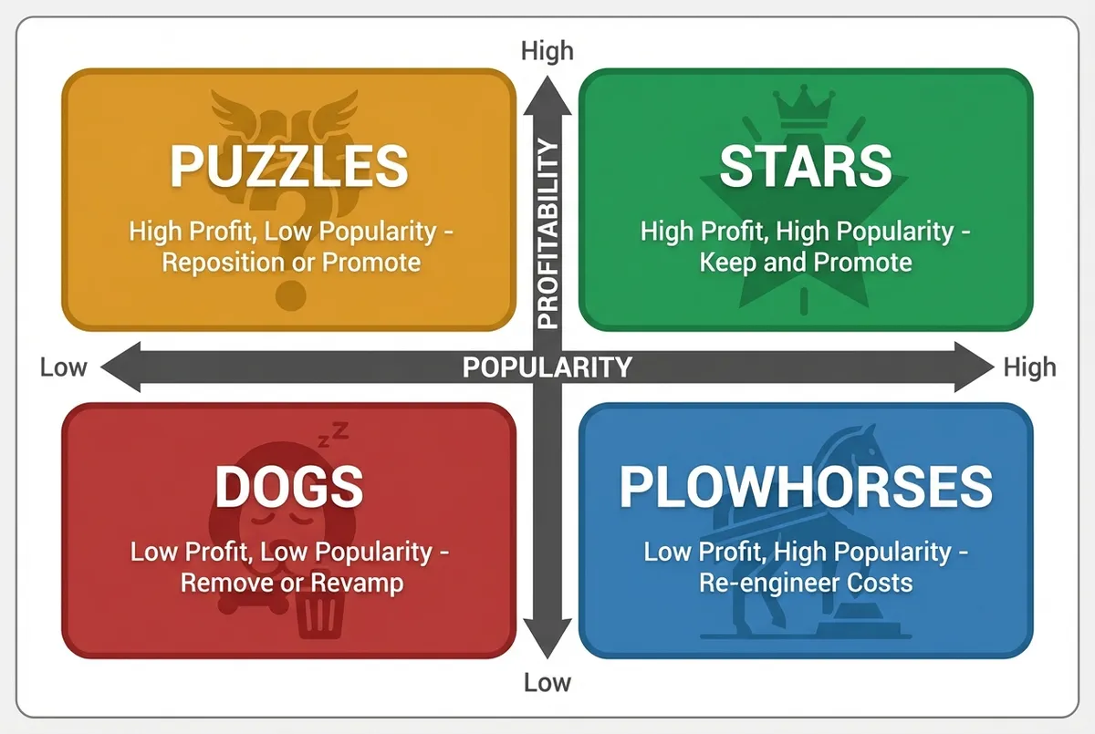 Four quadrants of menu engineering matrix showing Stars, Plowhorses, Puzzles, and Dogs in a 2x2 grid