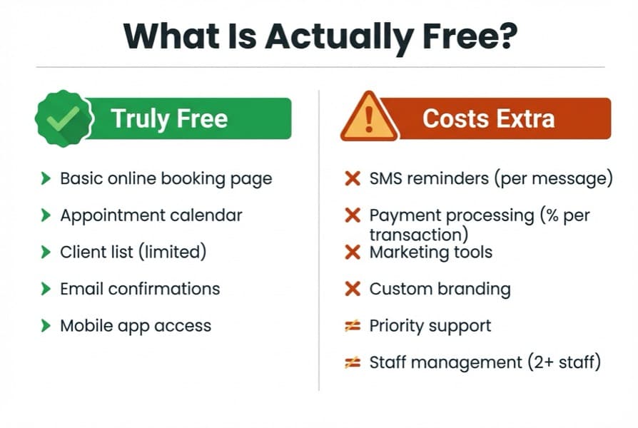Infographic comparing what a free salon booking system UK includes versus what costs extra, with green and amber columns