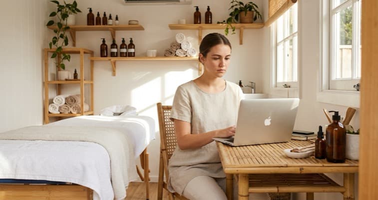 Young beauty therapist setting up a free salon booking system on a laptop in a small treatment room