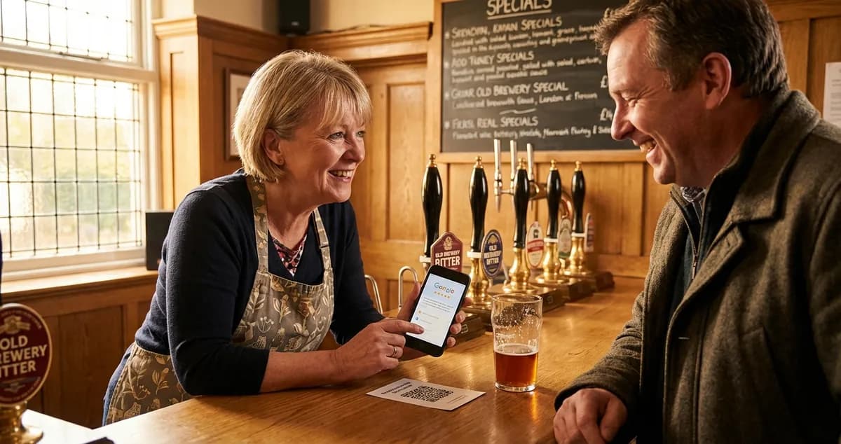 Business owner checking Google reviews on smartphone to get more Google reviews