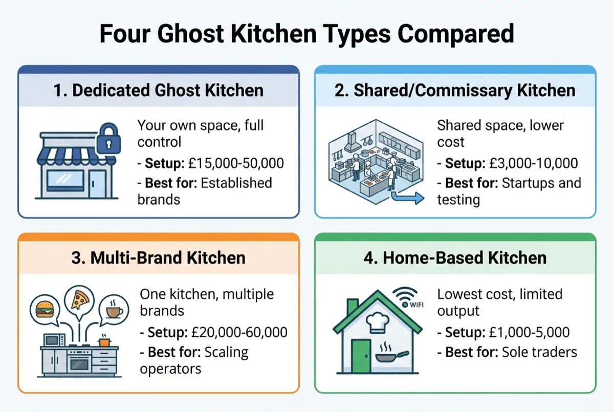 Diagram comparing four ghost kitchen types: dedicated, shared, multi-brand, and home-based with costs, pros and cons for each model