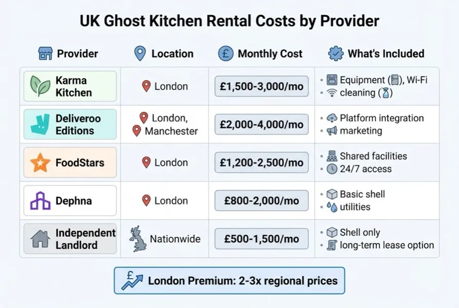 Comparison diagram of UK ghost kitchen rental providers showing pricing tiers and included features