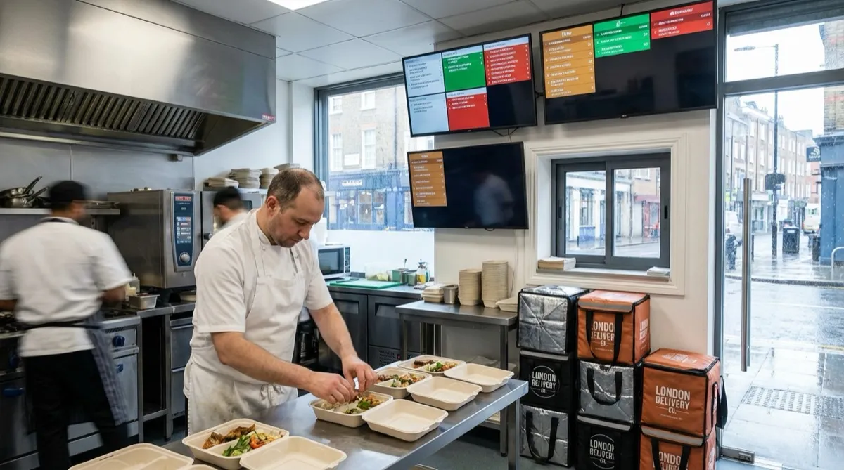 Commercial ghost kitchen workspace with chefs preparing delivery orders and branded packaging on counters