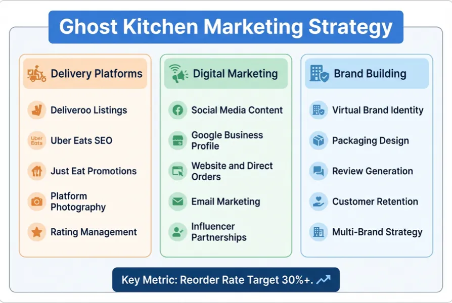 Diagram showing ghost kitchen marketing channels including delivery platforms, direct ordering website, social media, and local SEO feeding into customer acquisition