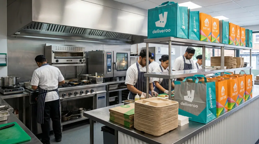 Ghost kitchen operator checking delivery orders on tablet in a commercial kitchen